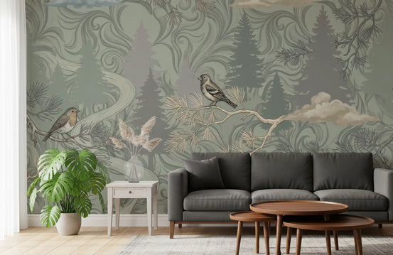 Wandbild „Nebliger Kiefernwald mit Vögeln“