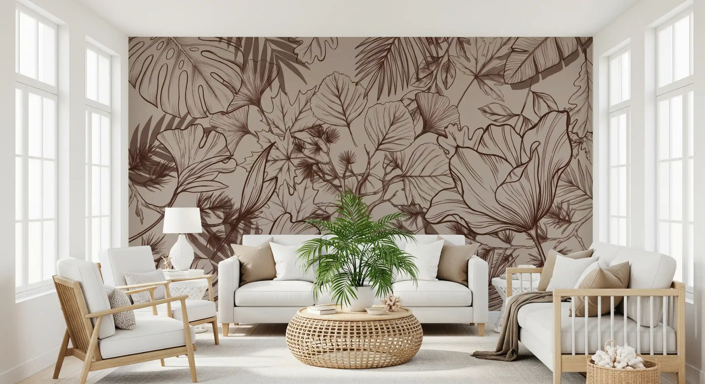 Papier peint panoramique mural botanique monochrome en dessin au trait