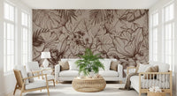 Papier peint panoramique mural botanique monochrome en dessin au trait