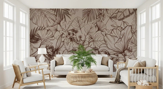 Papier peint panoramique mural botanique monochrome en dessin au trait