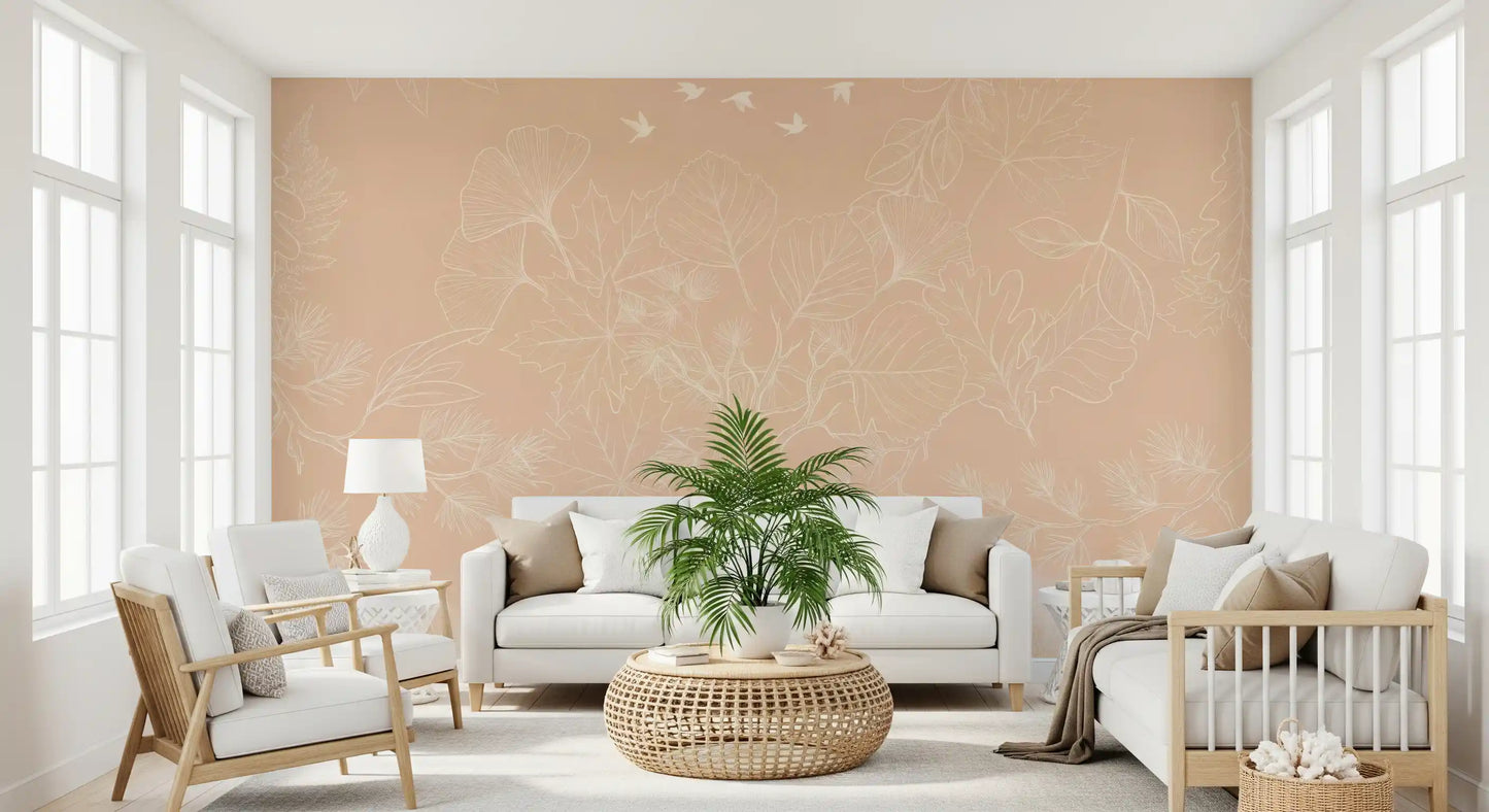 Papier peint panoramique mural botanique aux traits délicats, pêche et serein