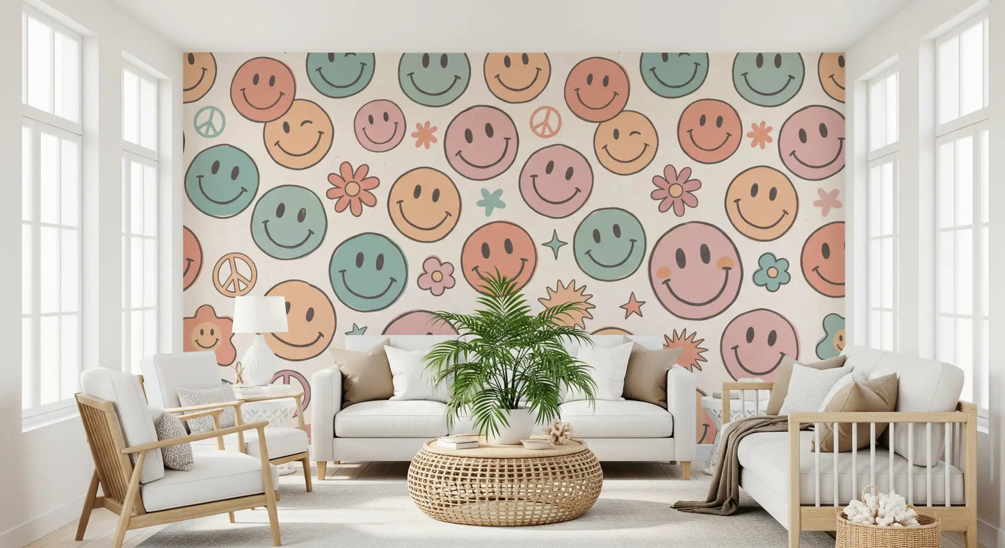 Papier peint panoramique mural rétro à visages joyeux et sourires psychédéliques