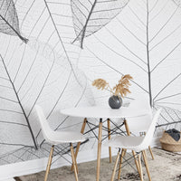 Black & White Large Veins Leaves Wallpaper Mural - Giffywalls