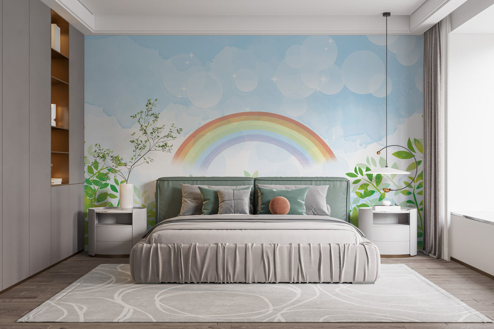 Blue & Green Watercolor Rainbow Kids Wall Mural Blue & Green Watercolor Rainbow Kids Wall Mural