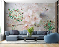 Watercolor-inspired pink sakura flower mural
