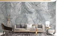 Grey & White Charcoal Leafy Illustrated Wallpaper Murals - Giffywalls