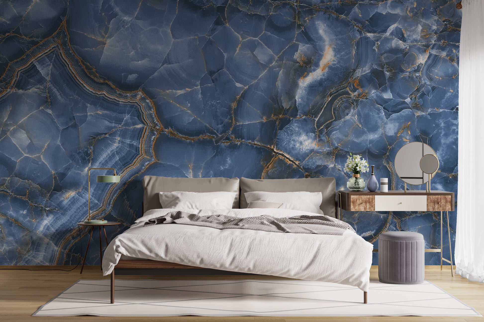 Chic marble mural with white and blue onyx patterns
