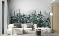 Misty Pine Winter Forest Wallpaper Mural - Giffywalls