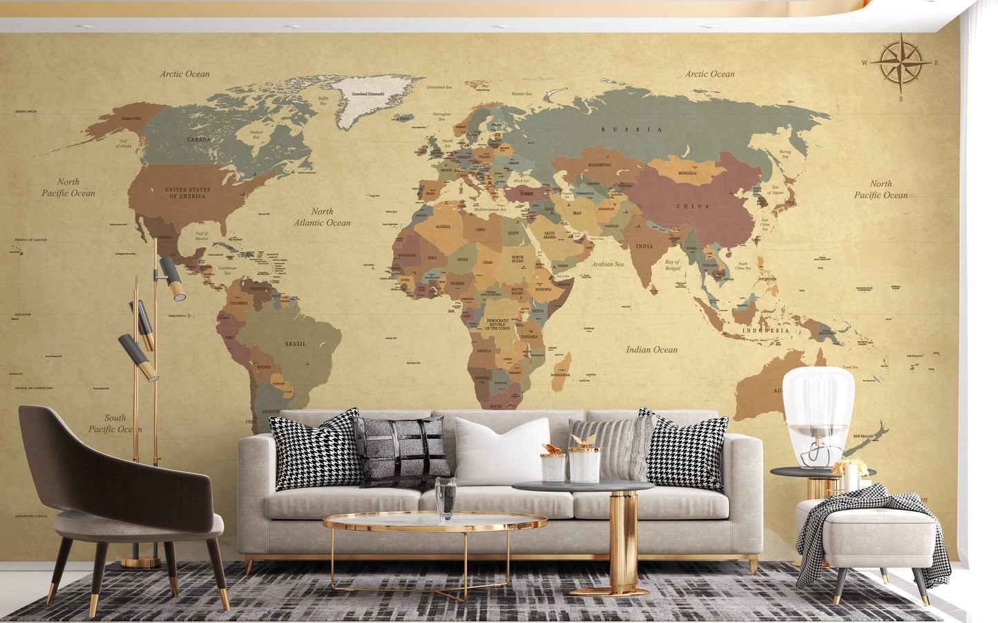 Global adventure vintage map wallpaper mural design
