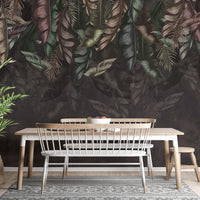 Elegant dark hanging tropical leaves wallpaper mural