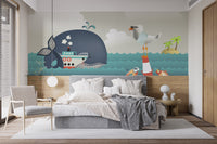 Whale & Steamer Kids Wallpaper Mural - Giffywalls
