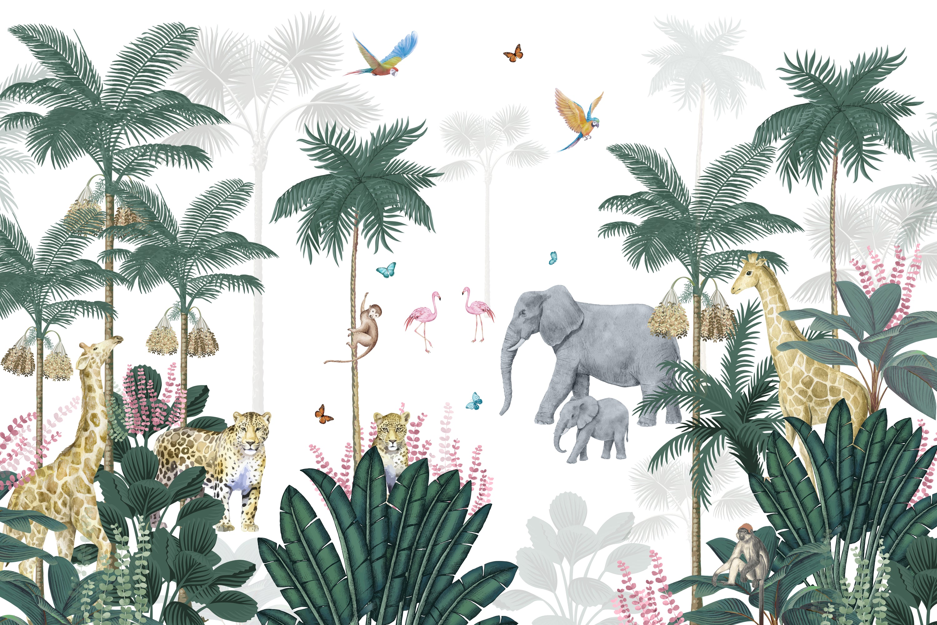 Tropical Safari Adventure Kids Room Wallpaper Paper Mural in your room — zoomed
