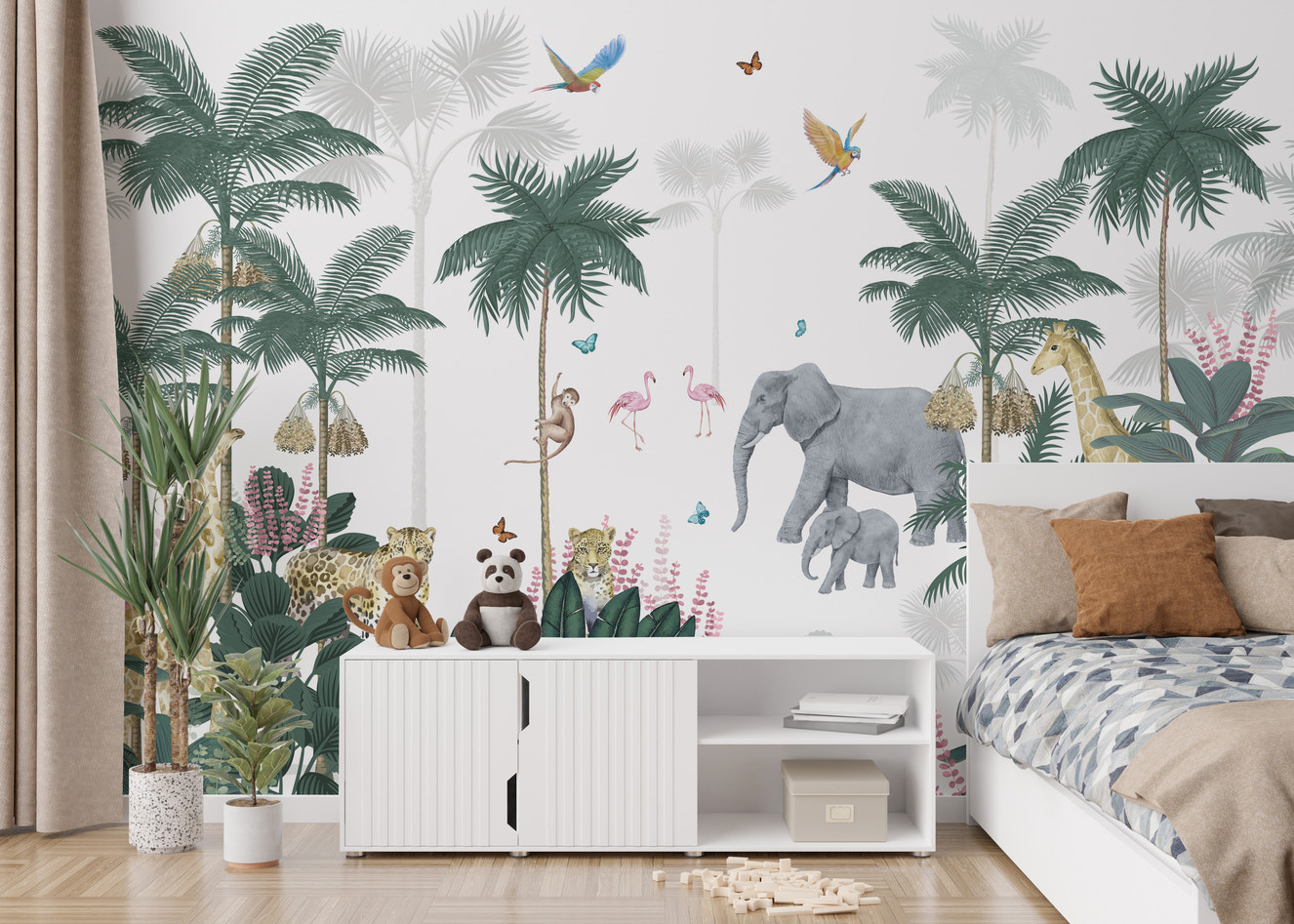 Jungle safari mural with animals for kids' rooms.
