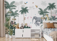 Jungle safari mural with animals for kids' rooms.
