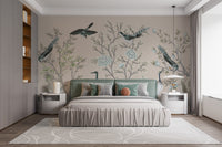 Cream Color Crane Birds on the Vintage Tree Wallpaper Mural - Giffywalls