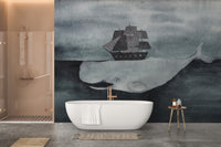 Dark watercolor whale ship wall design
