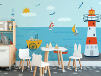 Ocean-themed wallpaper featuring sailboats and lighthouse