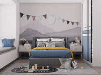 Watercolor mountain scenery wallpaper for calming interiors.