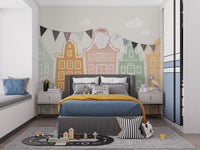 Pastel wallpaper murals with fun building designs