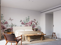 Pink roses and leaves in a vintage mural style.