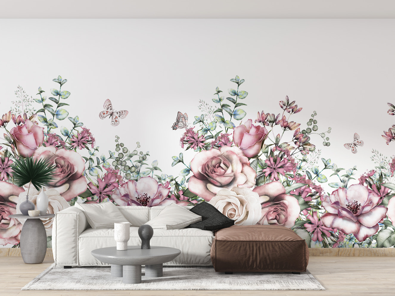 Vintage watercolor floral mural with pink blossoms.