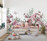 Watercolor floral design featuring pastel pink roses.