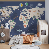 Kids World Map with Cartoon Wallpaper Mural - Giffywalls