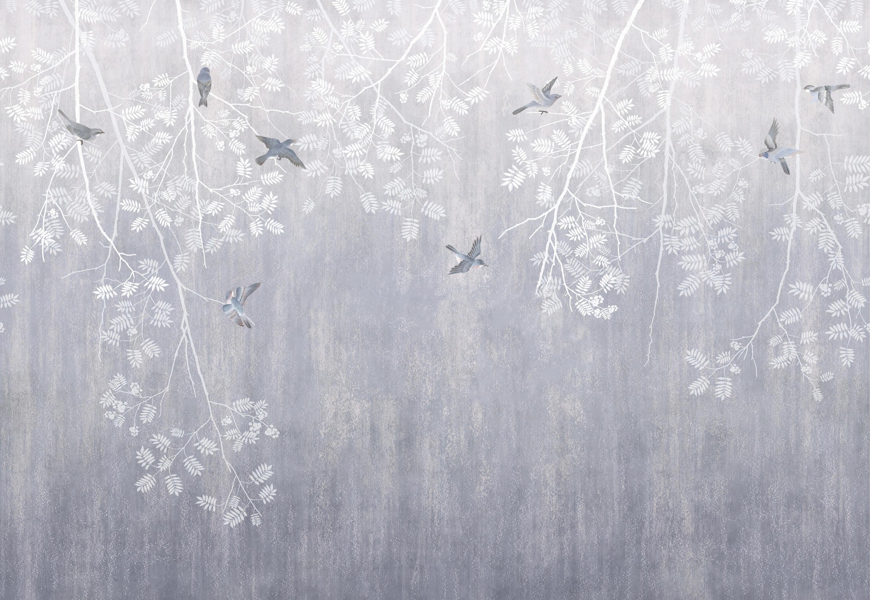 Elegant Frosted Branches Bird Mural in your room — zoomed