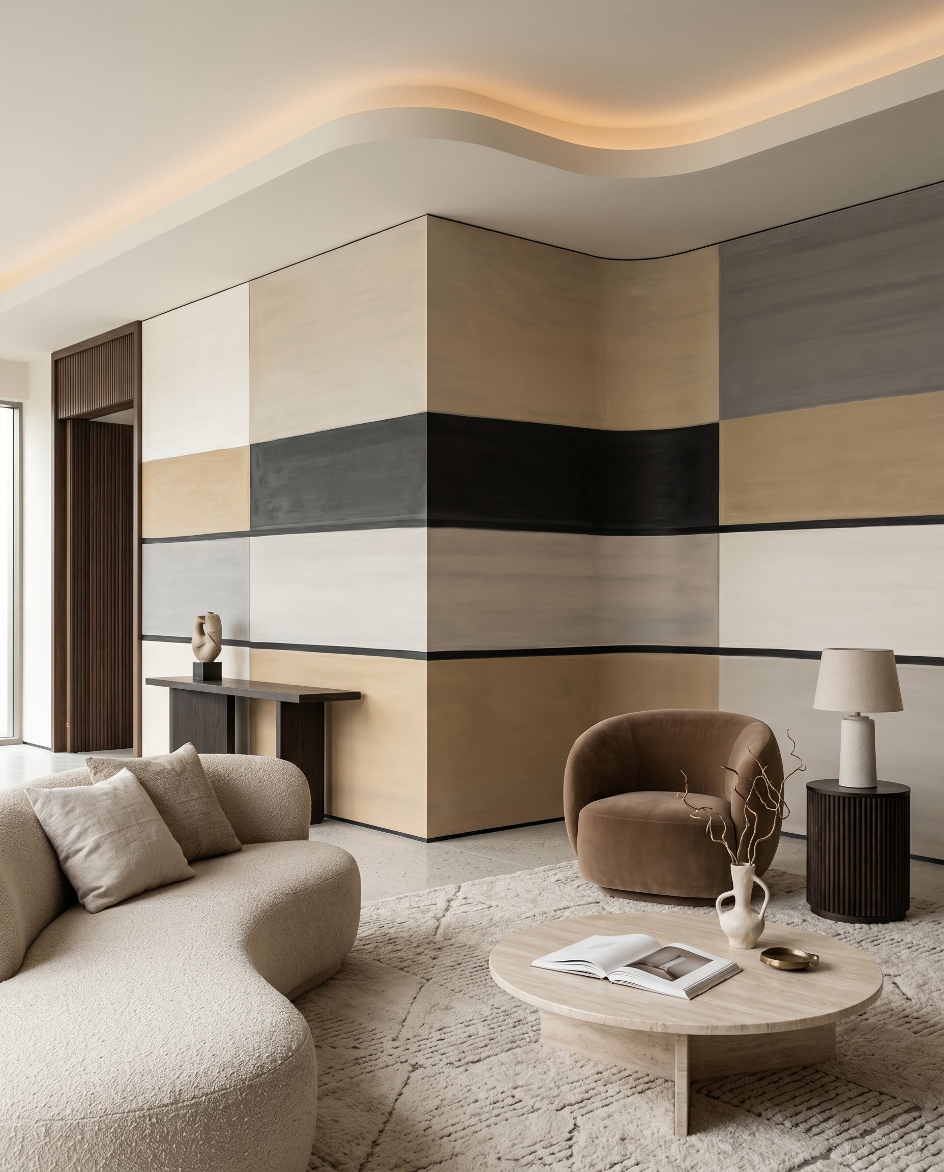 Living room set against the Agnes Field horizontal stripe wall mural in warm neutrals.
