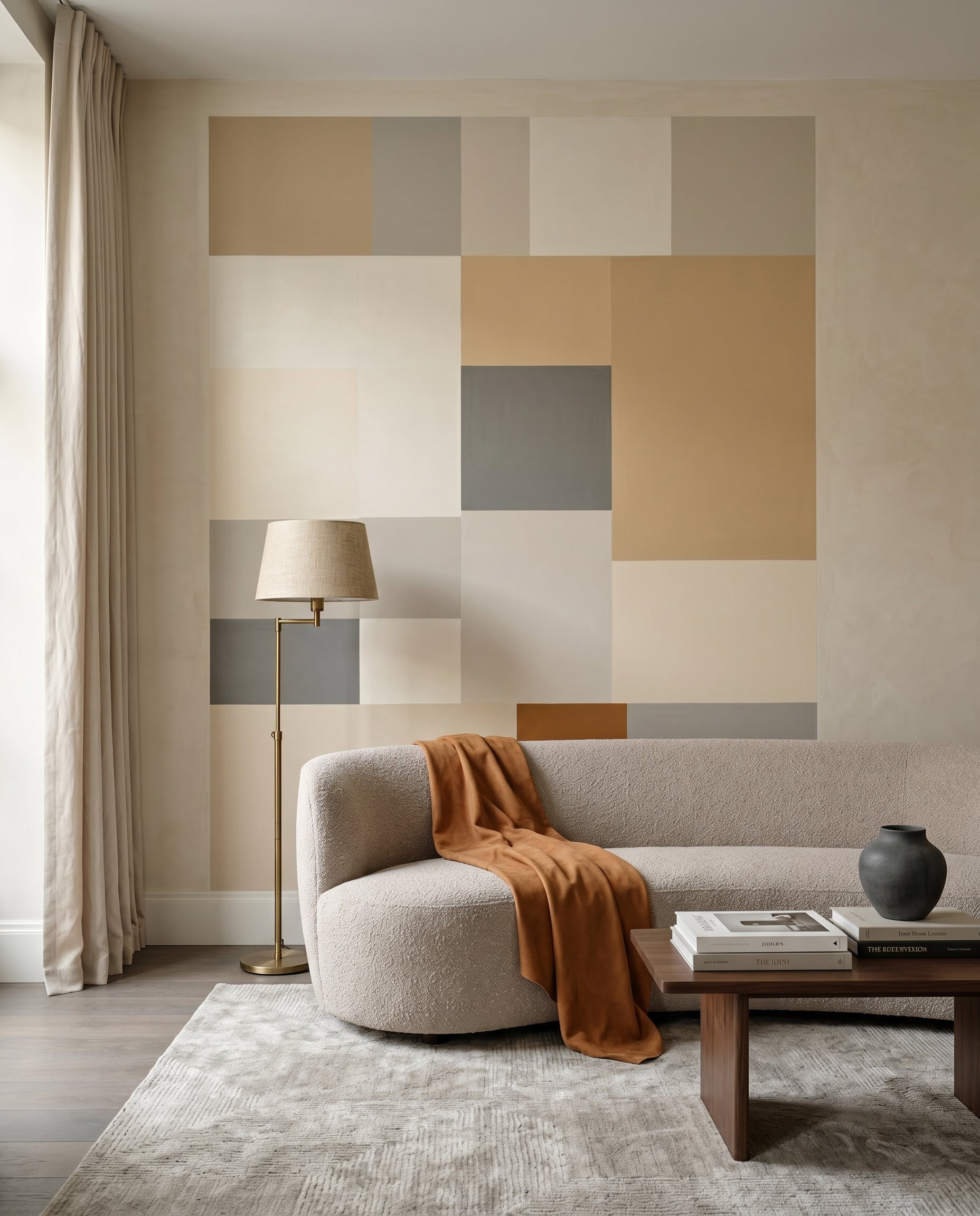 Agnes Plane wall mural lifts a living room with calm neutral block layout.