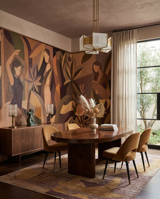 Cubist figures in sepia fill a dining room from the Amber Muse wall mural.