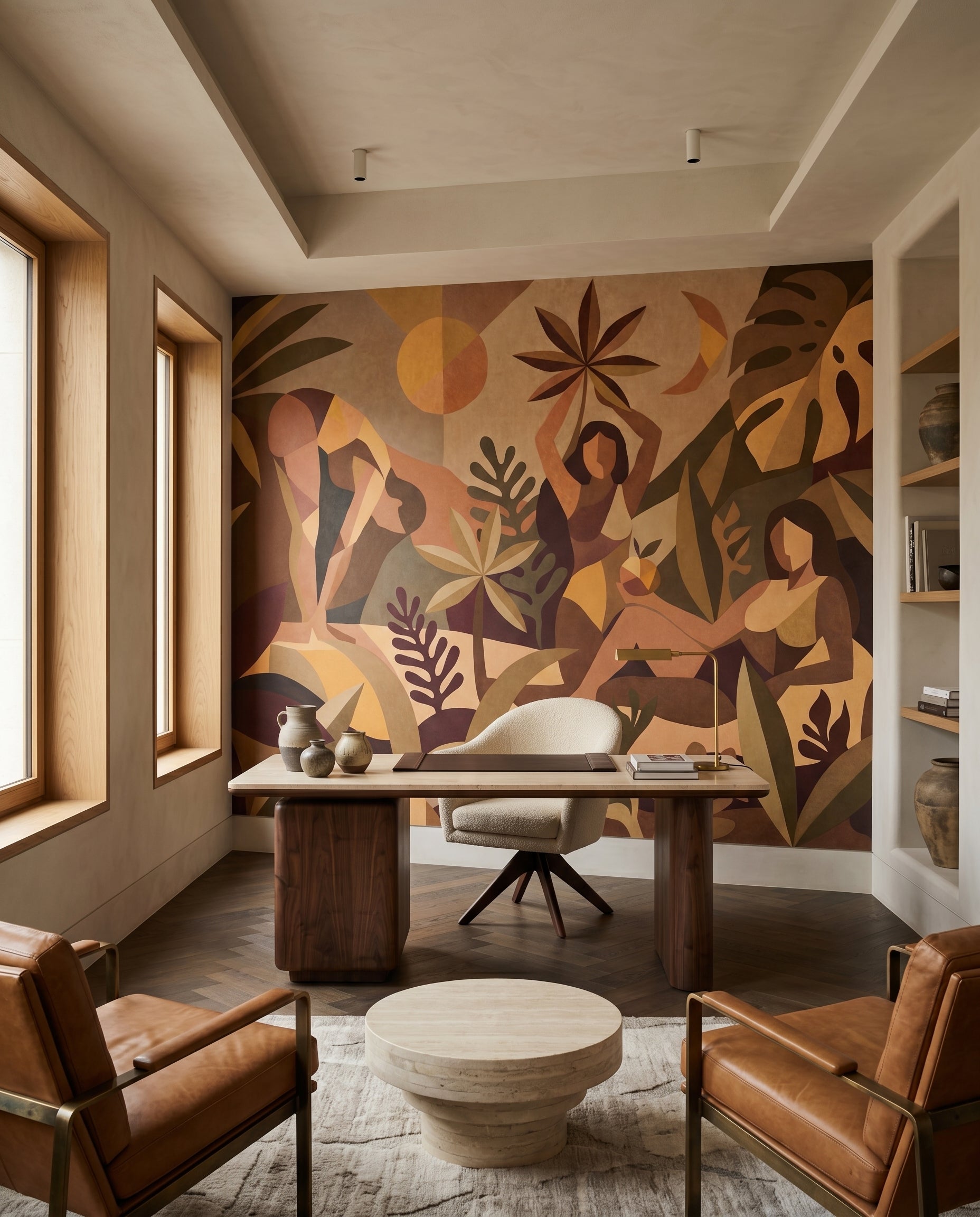 Home office opens to palms, sun and moon on the Amber Flora wall mural.