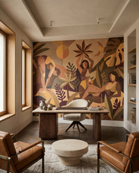 Home office opens to palms, sun and moon on the Amber Flora wall mural.