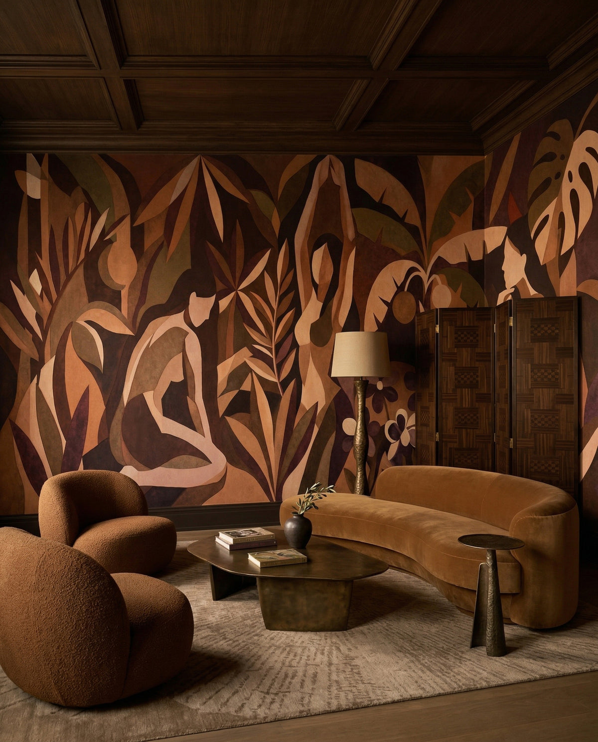Amber Veil wall mural warms a living room with rust, plum, and sepia figures.