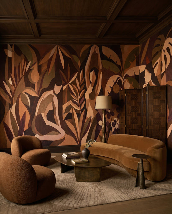 Amber Veil wall mural warms a living room with rust, plum, and sepia figures.