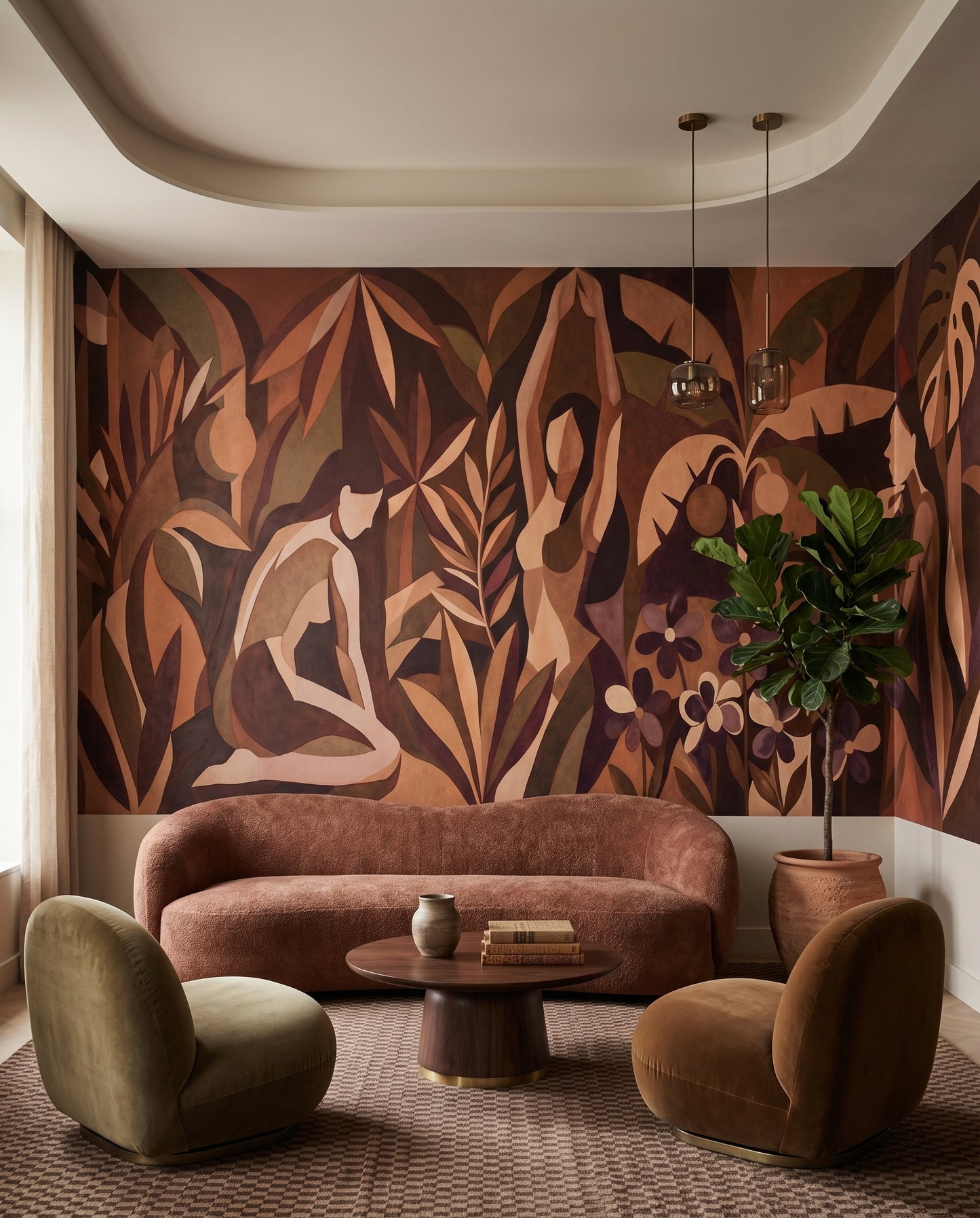 Rich rust and plum florals lift a Hallway through this wall mural.