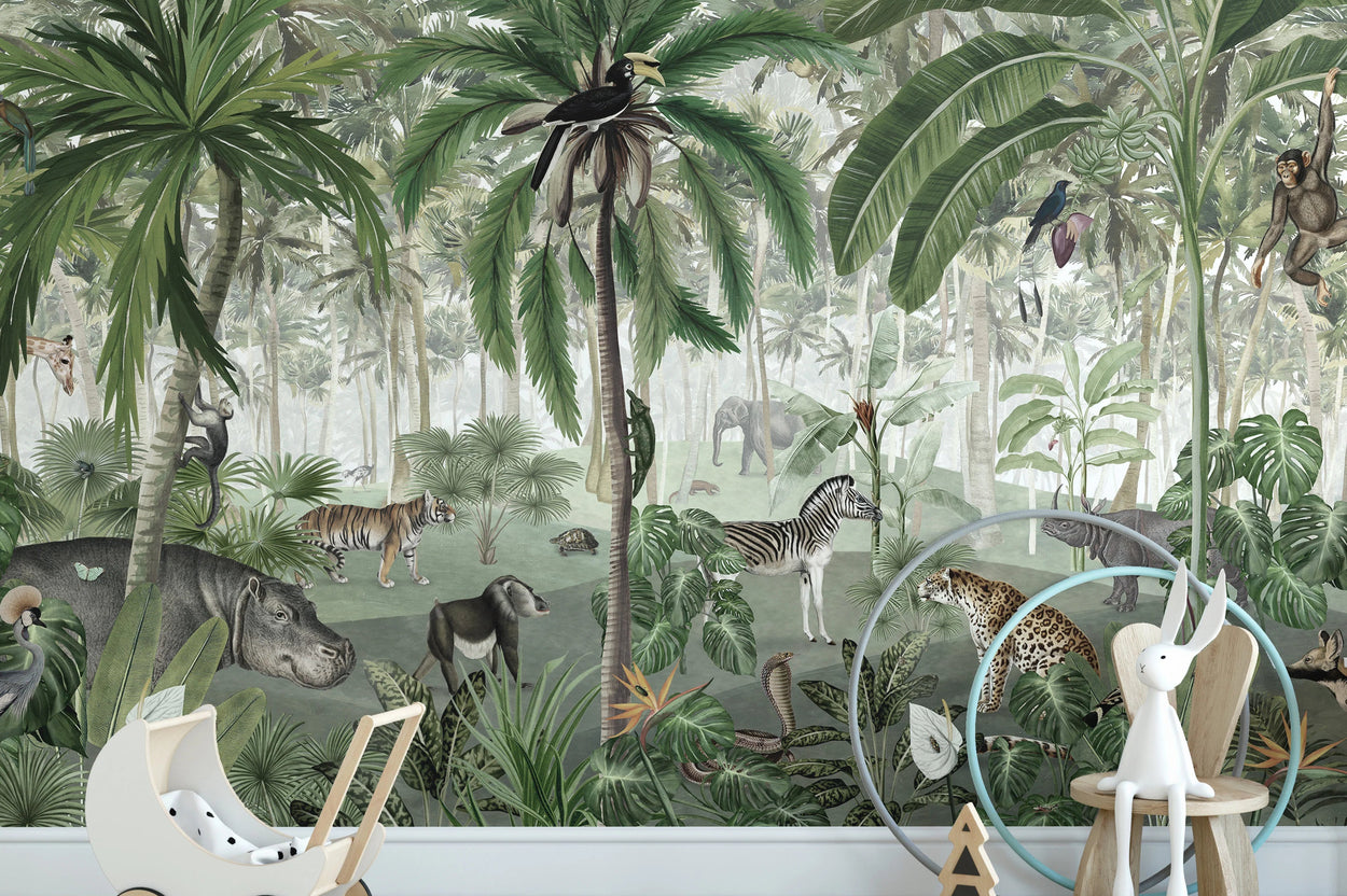 Children's room with jungle-themed wallpaper featuring animals and palm trees.