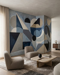 Living room layered with circles and triangles from the Avant Pulse wall mural.