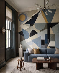 Geometric Avant Construct wall mural sits  of a modern living room