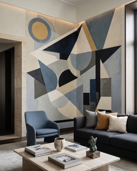Living room feature stretch styled with the Avant Construct wall mural in navy and slate