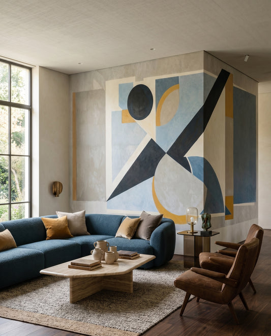 Living room scene built around the Avant Signal wall mural with grey, navy and ochre