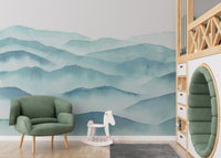 blue watercolor mountains wallpaper mural