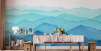 blue watercolor waves mountains mural wallpaper