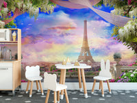 Balcony Eiffel Tower Pink Sunset Wallpaper Mural - Giffywalls
