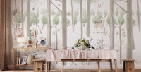 Woodland wallpaper mural, watercolor animals scene