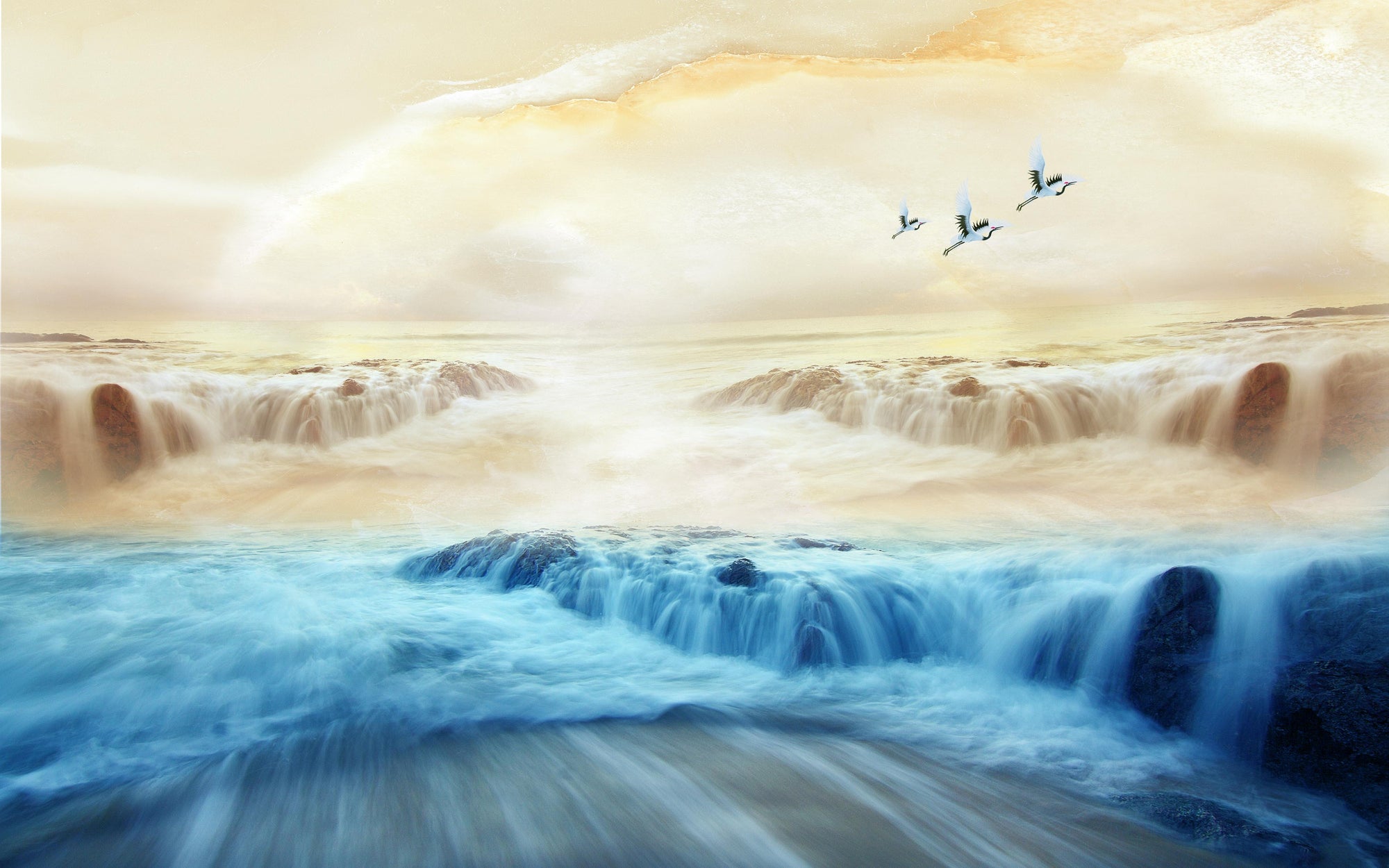 Misty Mountains Sun Flock Cranes Sky Peel And Stick Mural