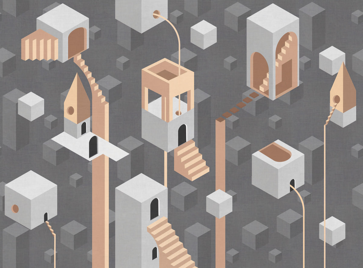 Grijze surrealistische geometrische architectuur behang in your room — zoomed