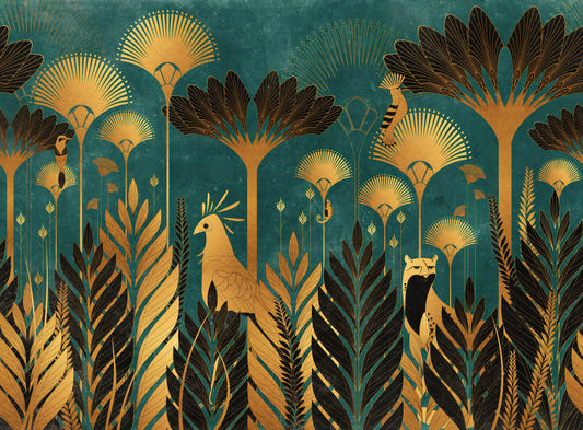 Blaugrüne luxuriöse Art Deco Jungle Wallpaper