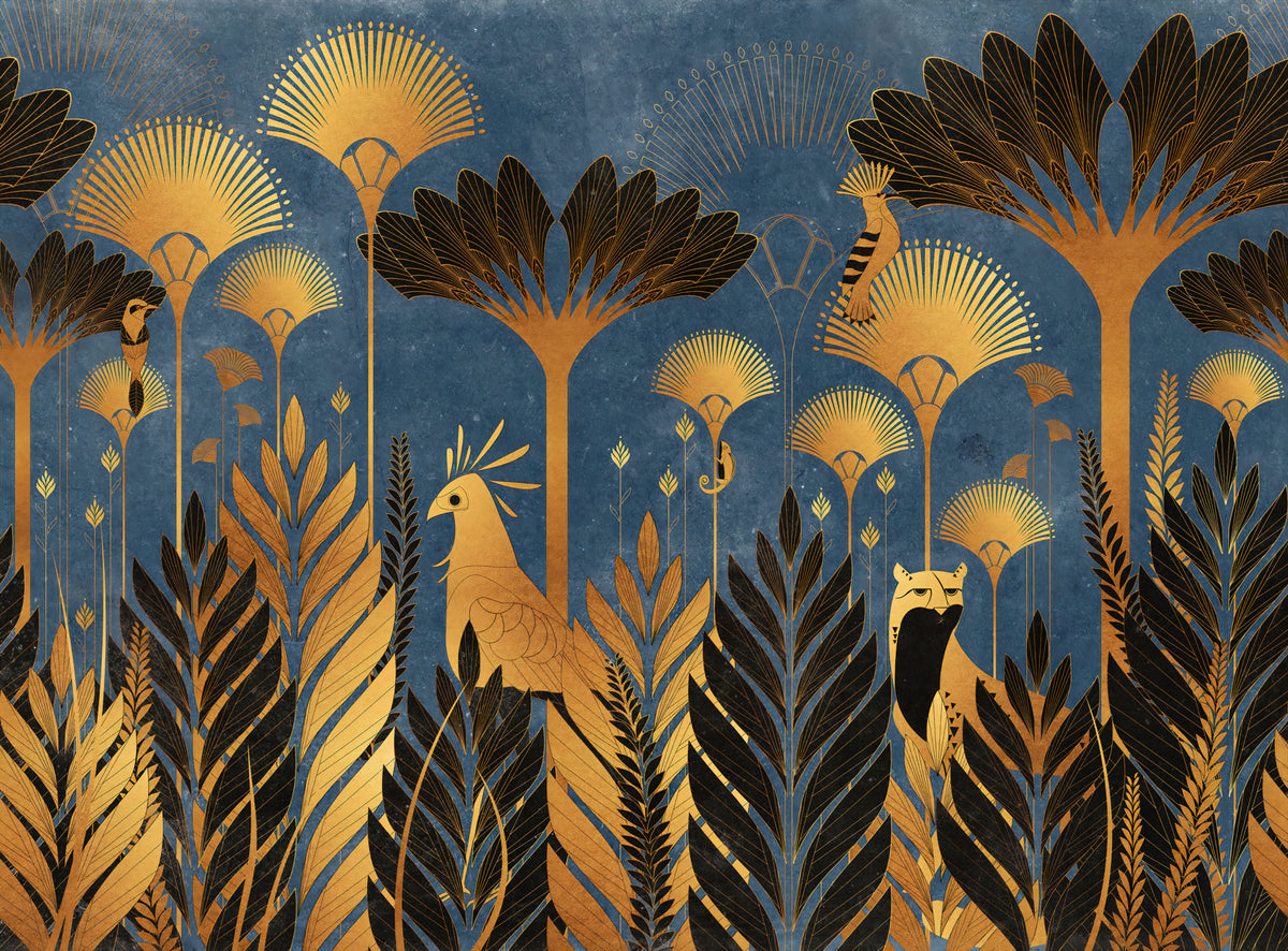 Blue Luxurious Art Deco Jungle Wallpaper in your room