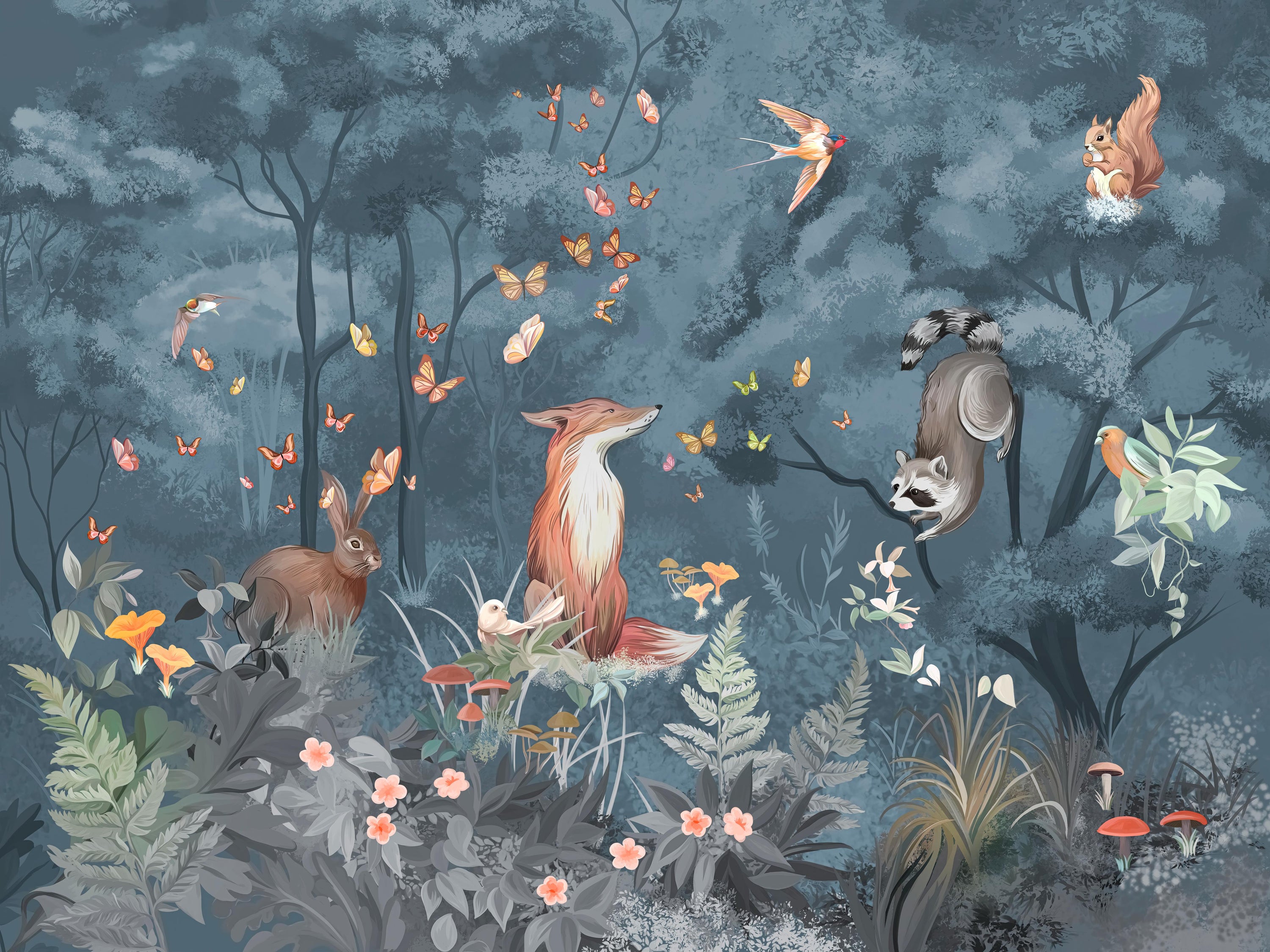Woodland Animal Forest Scene Wallpaper in your room — zoomed